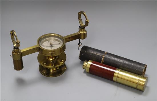 A William Cary brass theodolite stand and a Thomas Harris & Co. , London brass and mahogany three draw telescope with lens cap and case